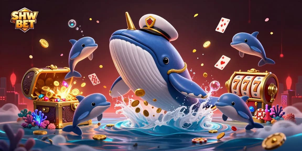 Engage in gaming excitement with SH BET, featuring playful dolphins, casino elements, and a vibrant underwater scene.