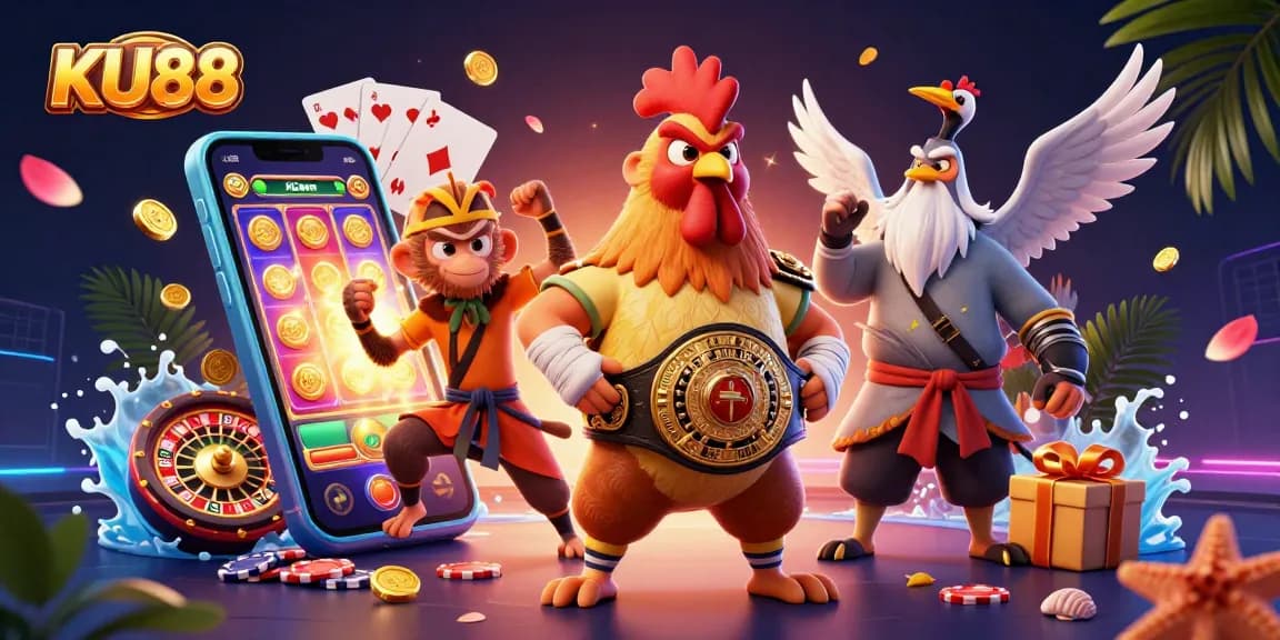 Spin the thrilling KU88 slots with exciting characters like a Muay Thai rooster and a Shaolin monkey!