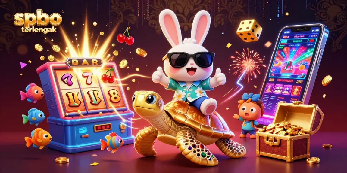 Experience the excitement at spbo terlengkap with a cartoon lucky rabbit celebrating a big win amid casino frenzy.