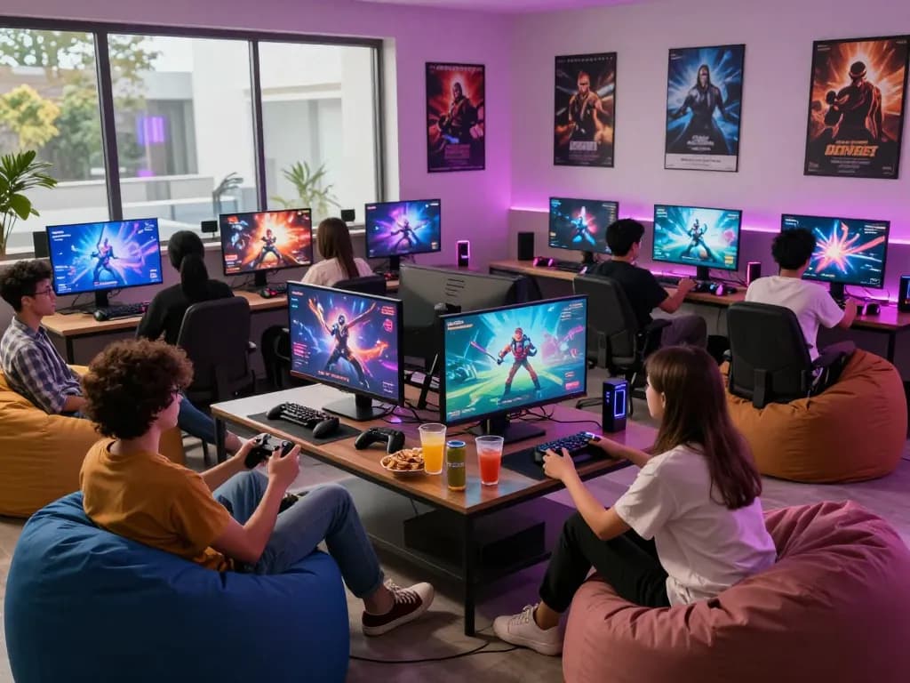 Group of gamers enjoying exciting porngames in a vibrant gaming lounge.