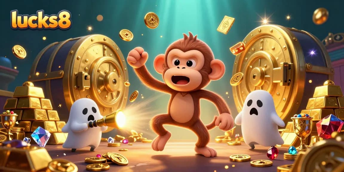 Experience thrill with lucks8's vibrant casino scene showcasing a playful ghost monkey and a curious puppy amidst golden riches.
