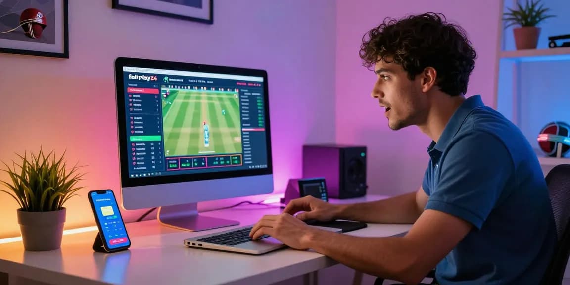 Engaged bettor using Fairplay24 platform in a modern home office, surrounded by cricket memorabilia.