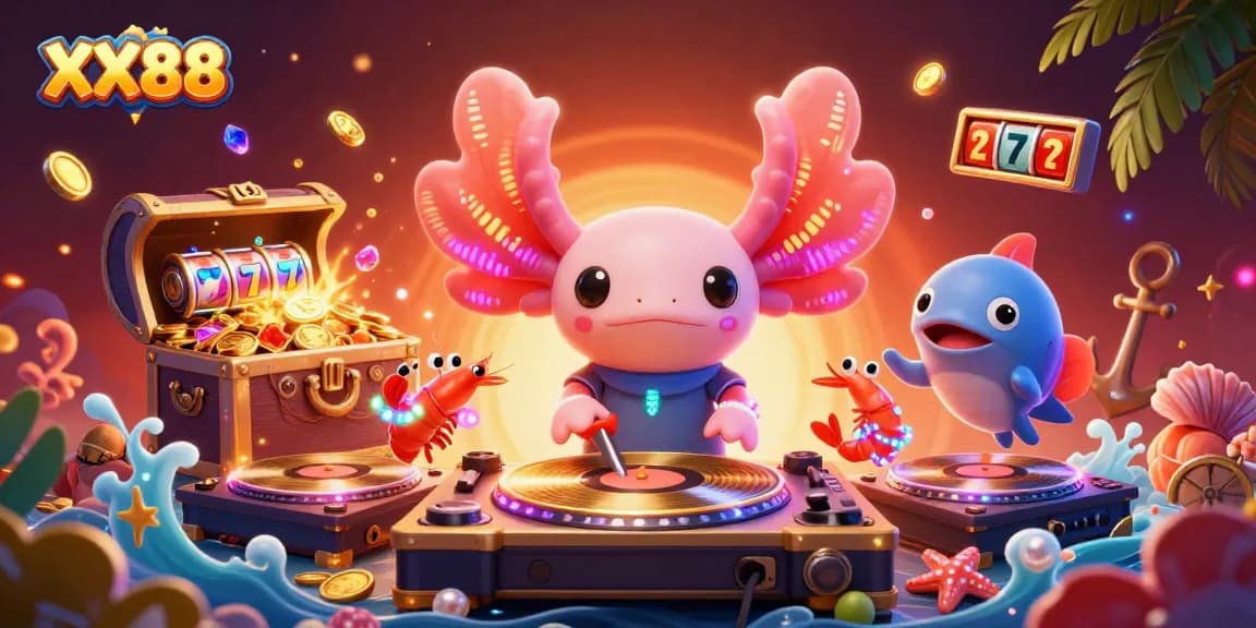 Spin the reels at XX88 with a vibrant underwater casino scene featuring animated axolotl DJ.
