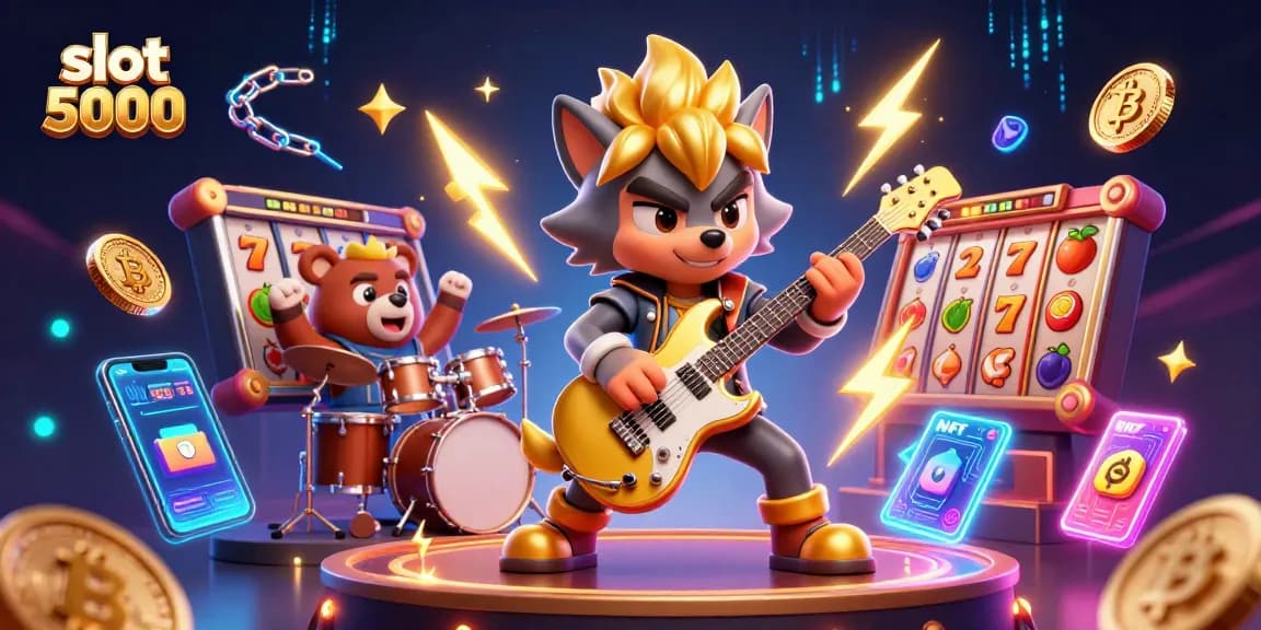 Slot 5000 menghadirkan ilustrasi 3D bergaya kartun yang dinamis, memperlihatkan aksi rock star serigala dan beruang pemukul drum.