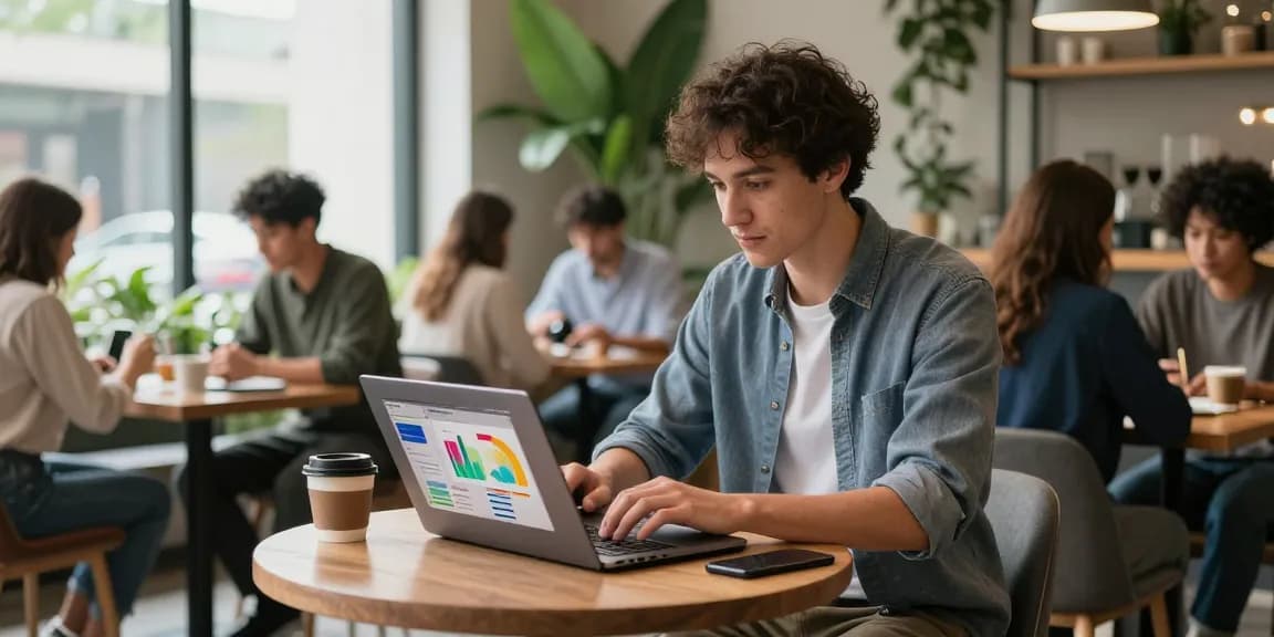Professional scene of a tech entrepreneur at https://fau88.com/ focusing on analytics in a chic coffee shop, surrounded by collaboration.