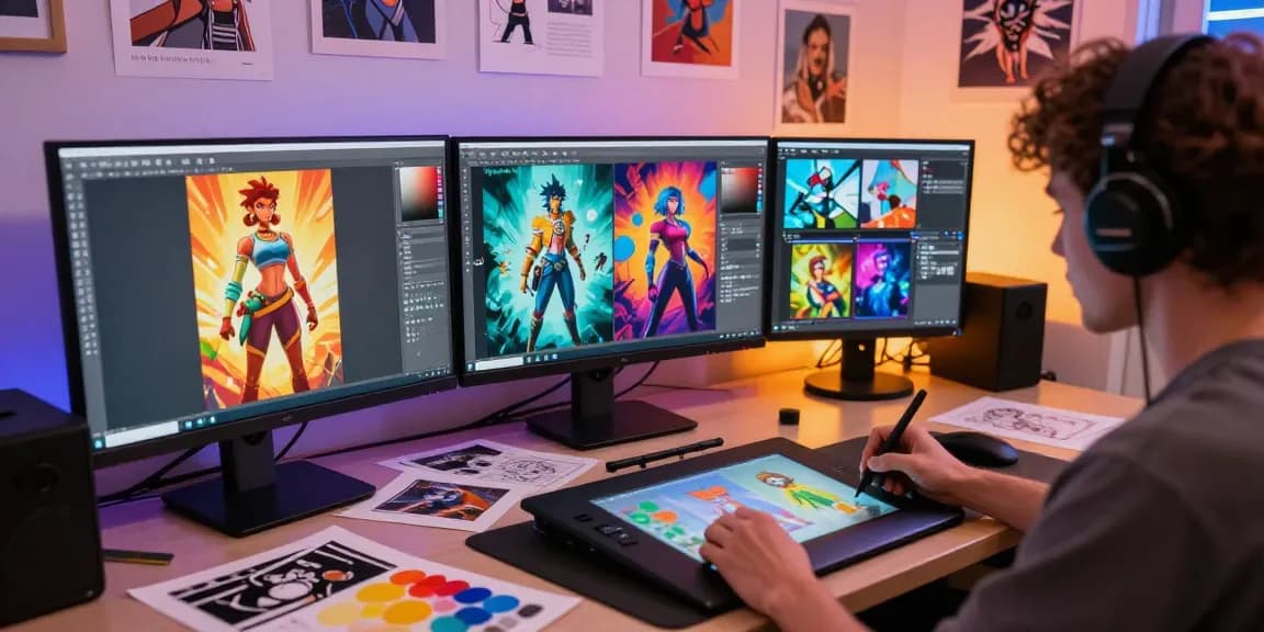 Creating stunning NSFW AI art in a vibrant digital studio with multiple monitors and artistic tools.