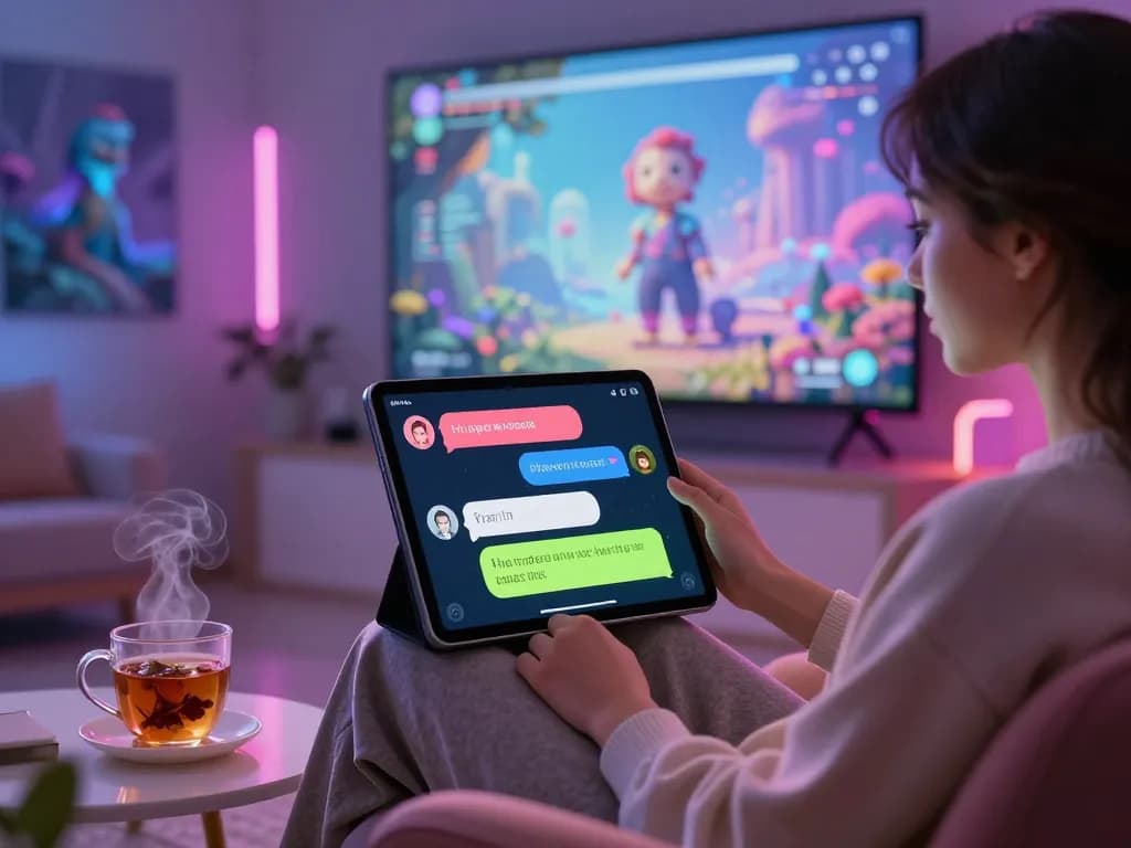 Engaging in ai sex chat with an advanced AI chatbot in a cozy virtual environment.