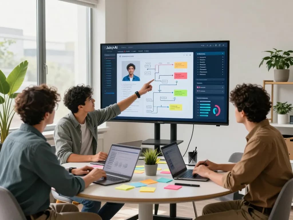 Collaborative team discussing Juicy AI at a modern workspace, showcasing tech interaction.