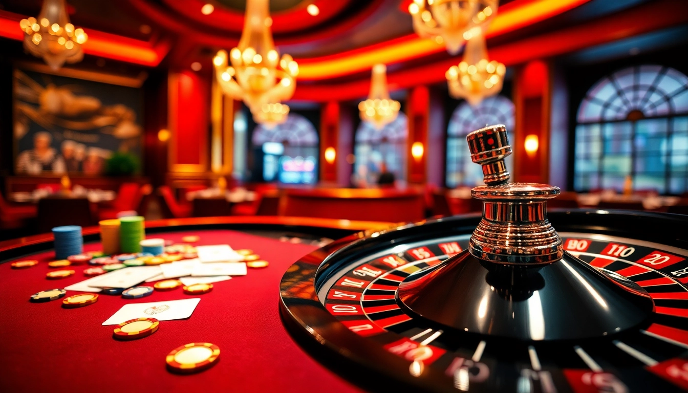 Permainan seru di meja roulette xgslot88 dengan chip berwarna-warni dan suasana kasino yang mewah.