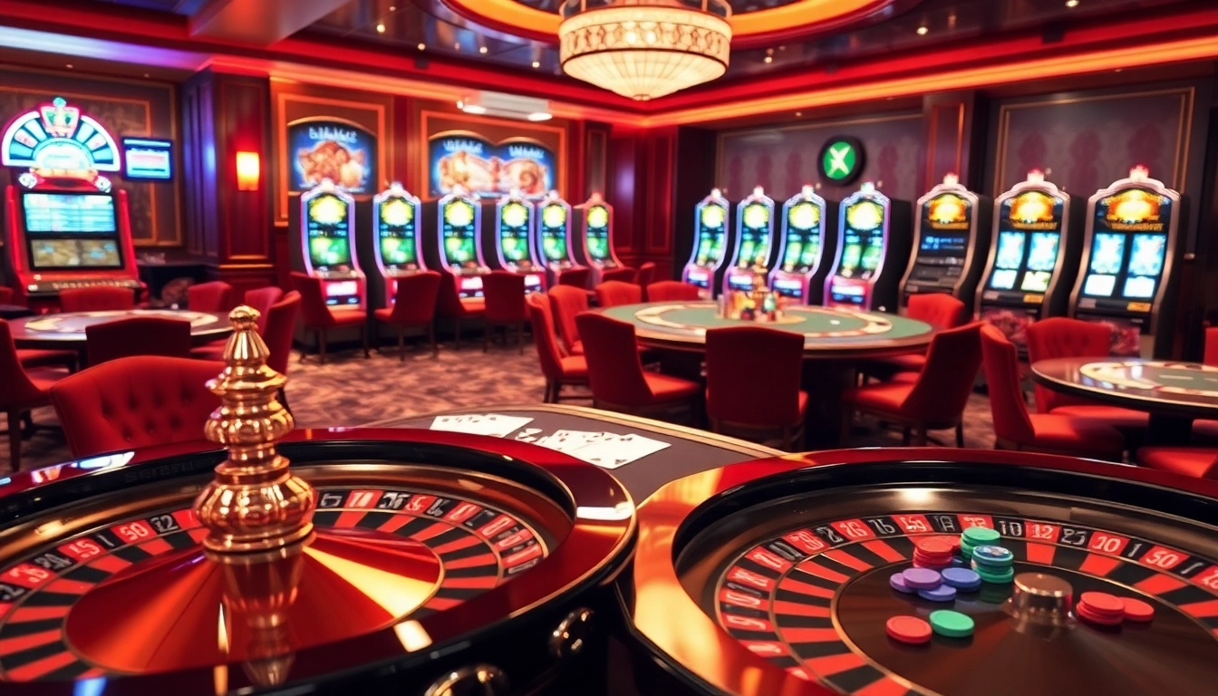 SODO casino scene with vibrant tables, chips, and a spinning roulette wheel.
