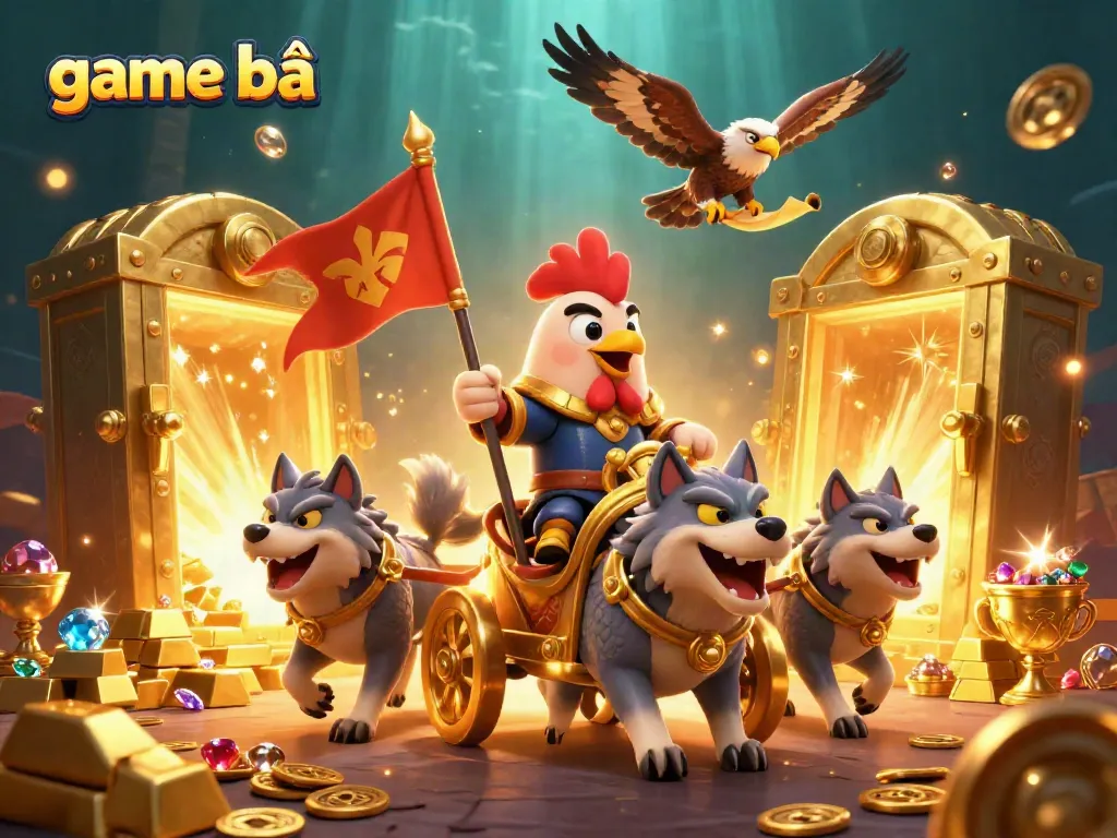 Experience thrilling game bài action with a heroic rooster warlord, gold treasures, and dynamic casino elements.