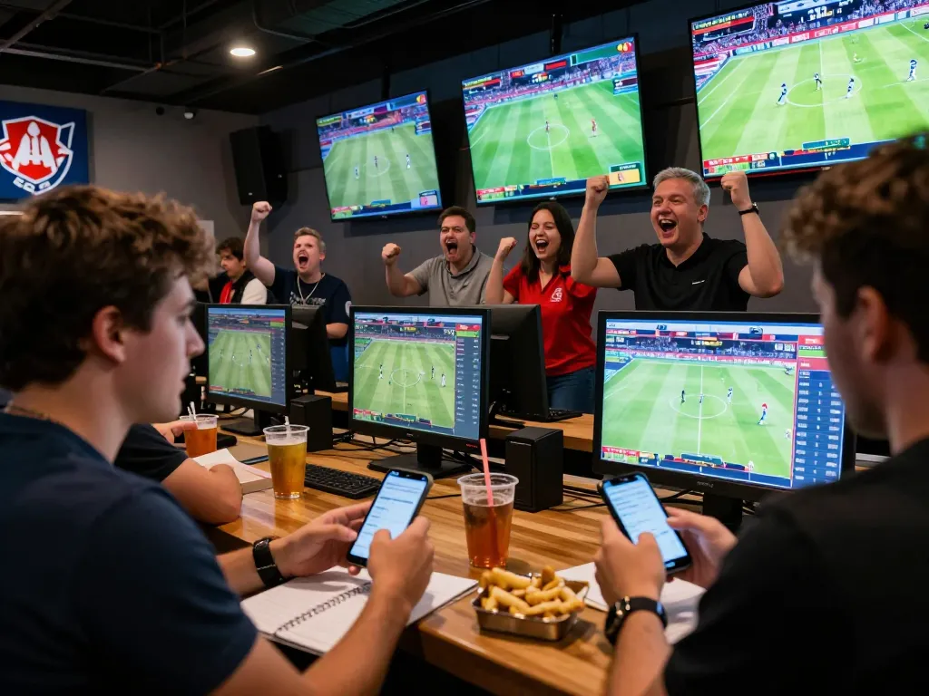 Engaging in kèo nhà cái 5 betting at an exciting sports bar with friends, showcasing intense moments of live gaming.