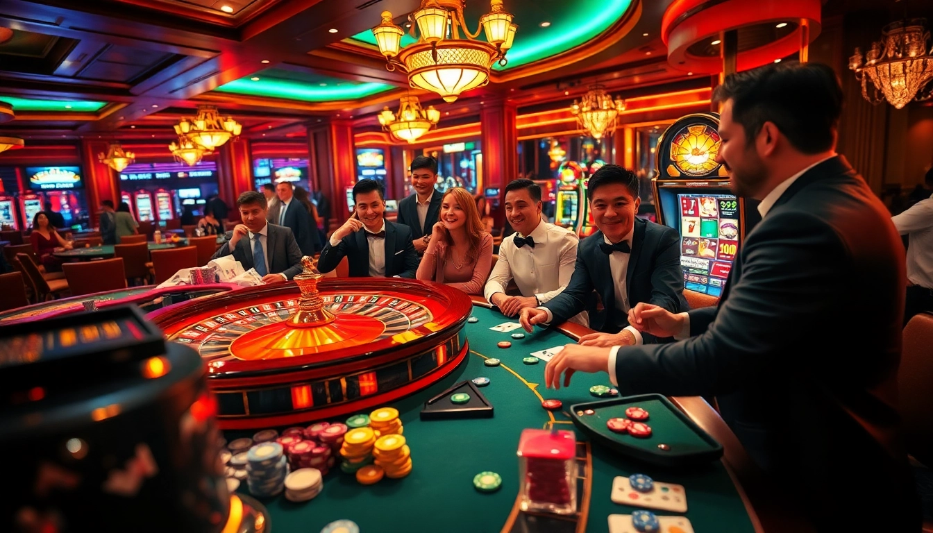 Thrilled gamblers at a luxurious casino table, questioning shbet lừa đảo không? with vibrant chips and cards.