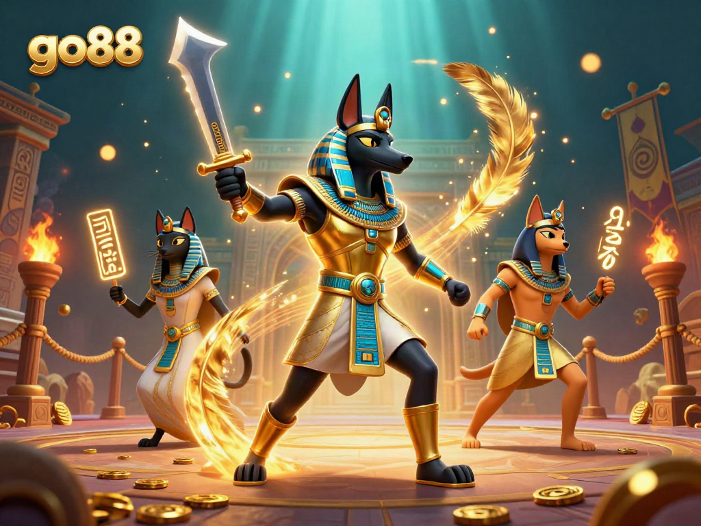 Join the game at go88 with Anubis and Bastet amidst a vibrant casino scene.