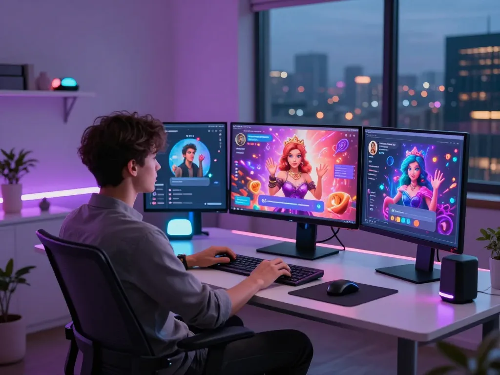 Interactive AI sex chat environment showcasing vibrant digital screens and personalized workspace.