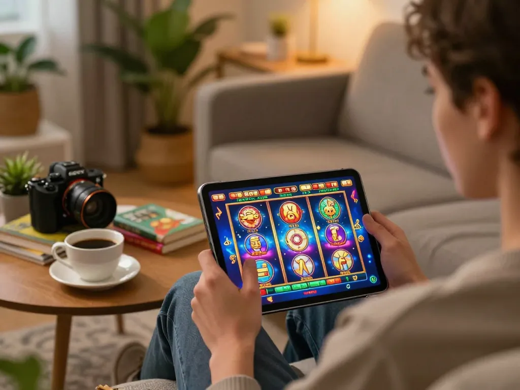 Play slots at home with FAFA 828 on a tablet, showcasing an engaging online gaming experience.