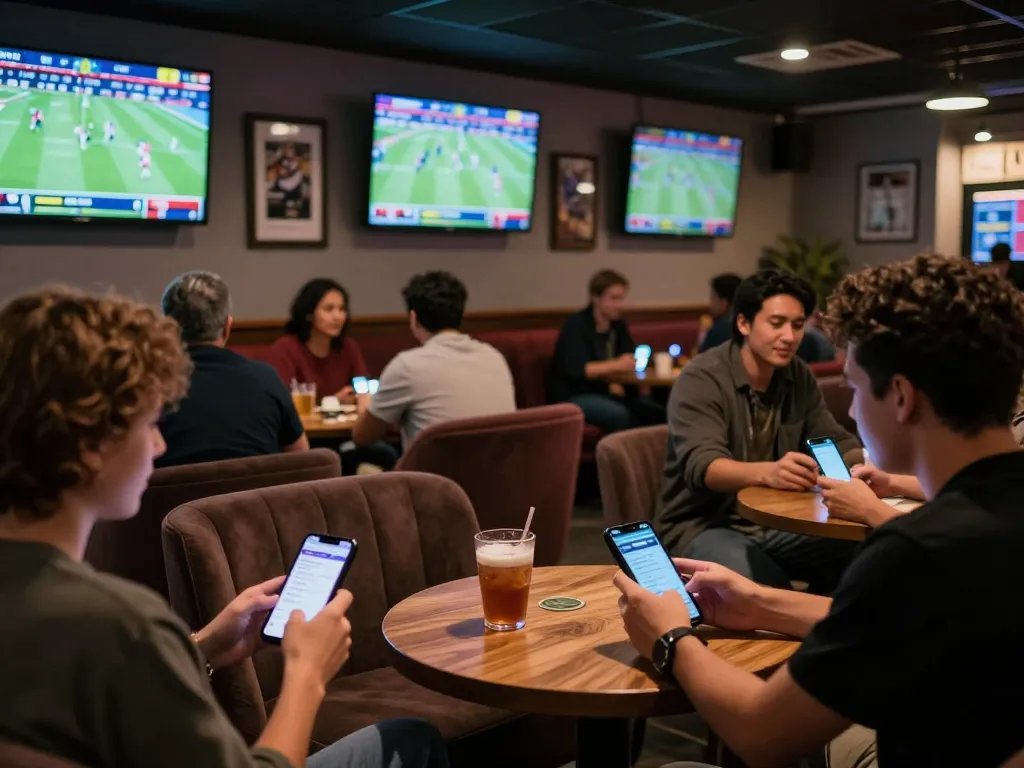 F8BET patrons engaged in sports betting, excitedly placing bets while watching live games.