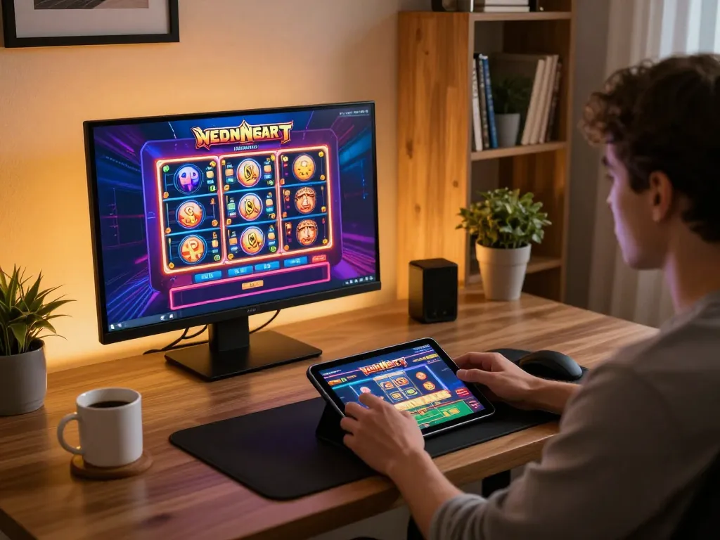 Player engaging with exciting cm88 online casino games on a tablet, showcasing a stylish and inviting gaming atmosphere.