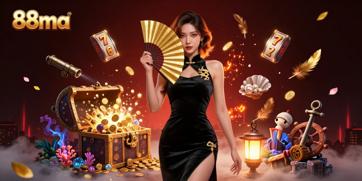 Experience the thrill of slots and treasure as 88ma shines in this vibrant casino illustration.