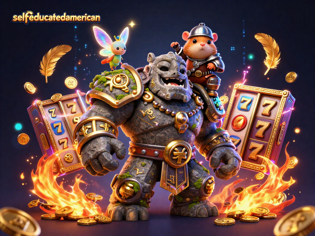 Engage in gaming excitement with selfeducatedamerican amidst vibrant casino elements and magical characters.