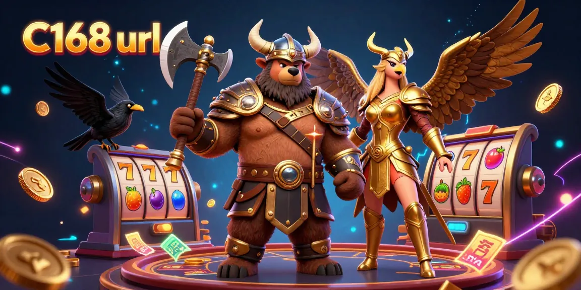 Engage with thrilling gaming action at C168 url featuring a cartoon Viking bear and Valkyrie eagle.
