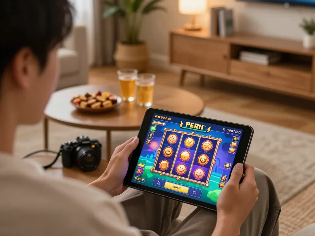 Engaging in PERI11 online gaming while enjoying a cozy home atmosphere and strategic gameplay