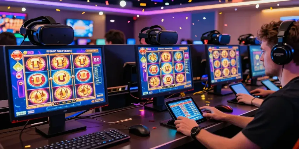 Interactive gaming scene showcasing players enjoying slot gacor online, colorful graphics, and vibrant atmosphere.