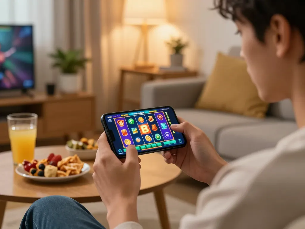 Engaging player using the Winstrike69 app for online slots in a cozy home setting
