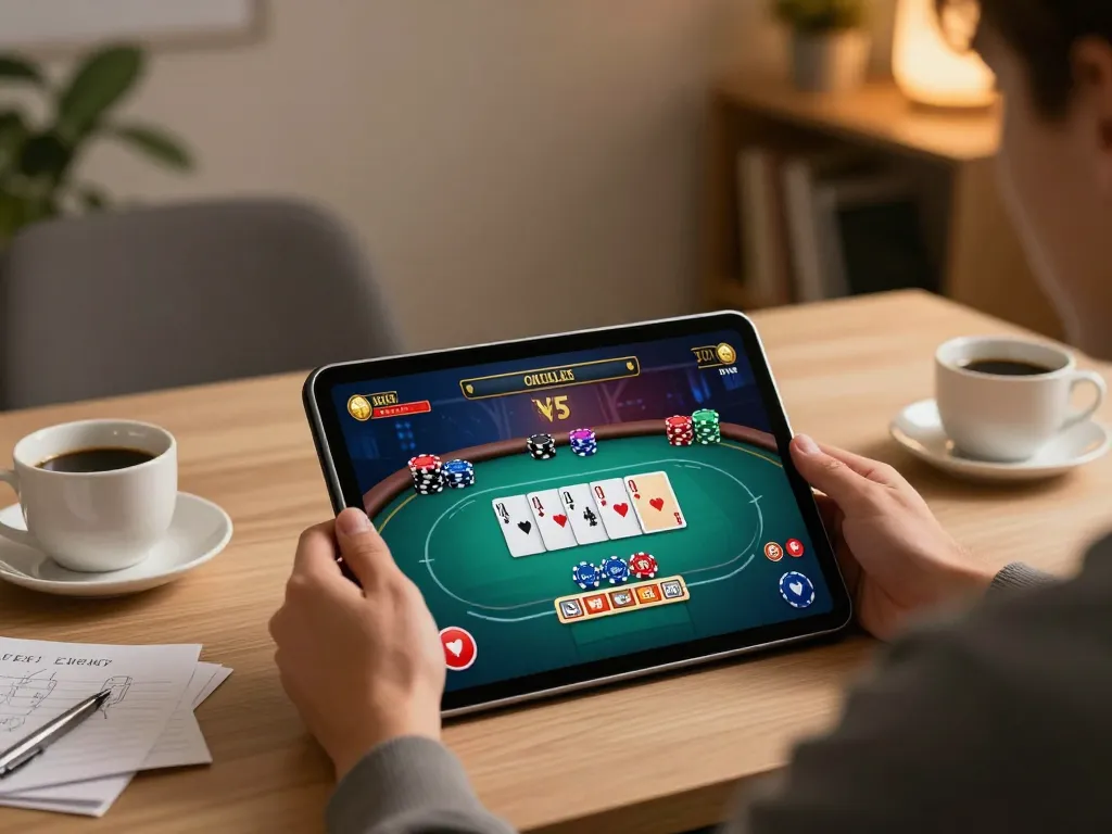 MPOID online gaming strategy with a player engaging in poker while utilizing a tablet for dynamic gameplay.
