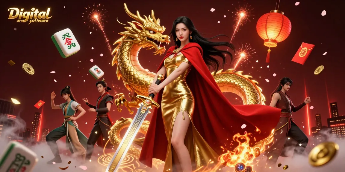 Engaging digital arcade software illustration showcasing an Asian warrior queen amid dynamic gaming elements.