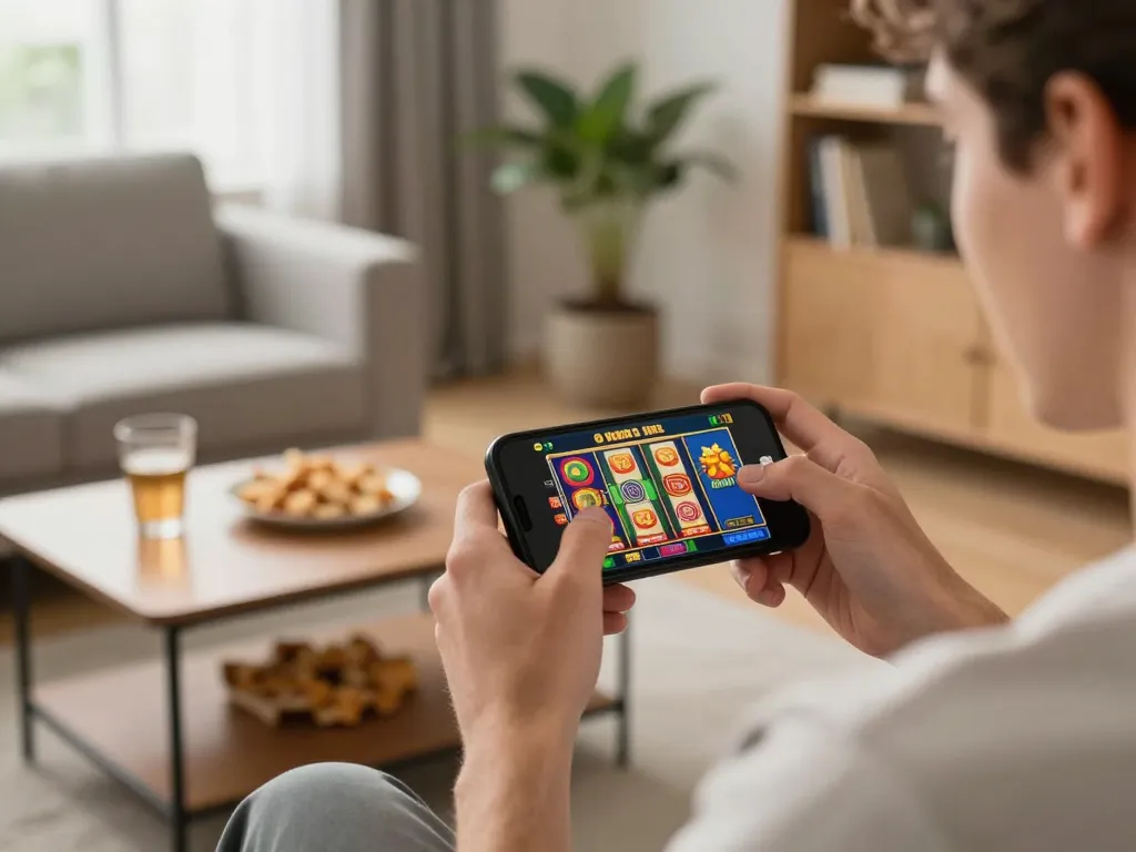 Engaging in online usa casinos with a smartphone displaying vibrant slot games in a cozy living room.