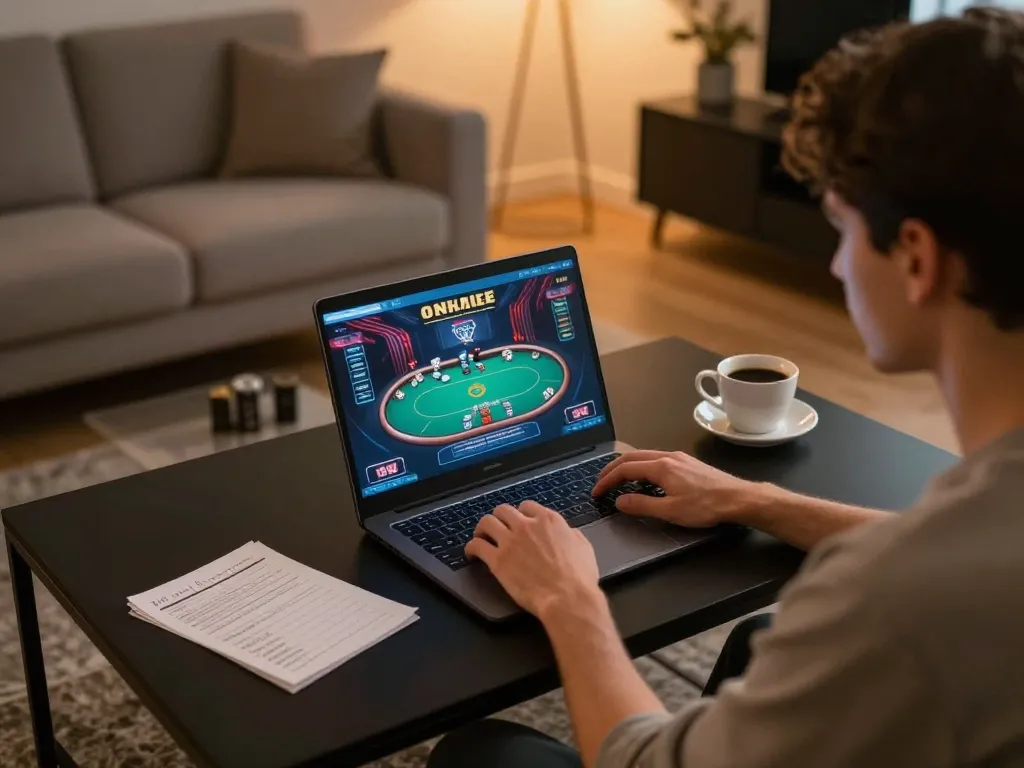 KP88 players engaging with online poker strategy during a cozy home gaming session.