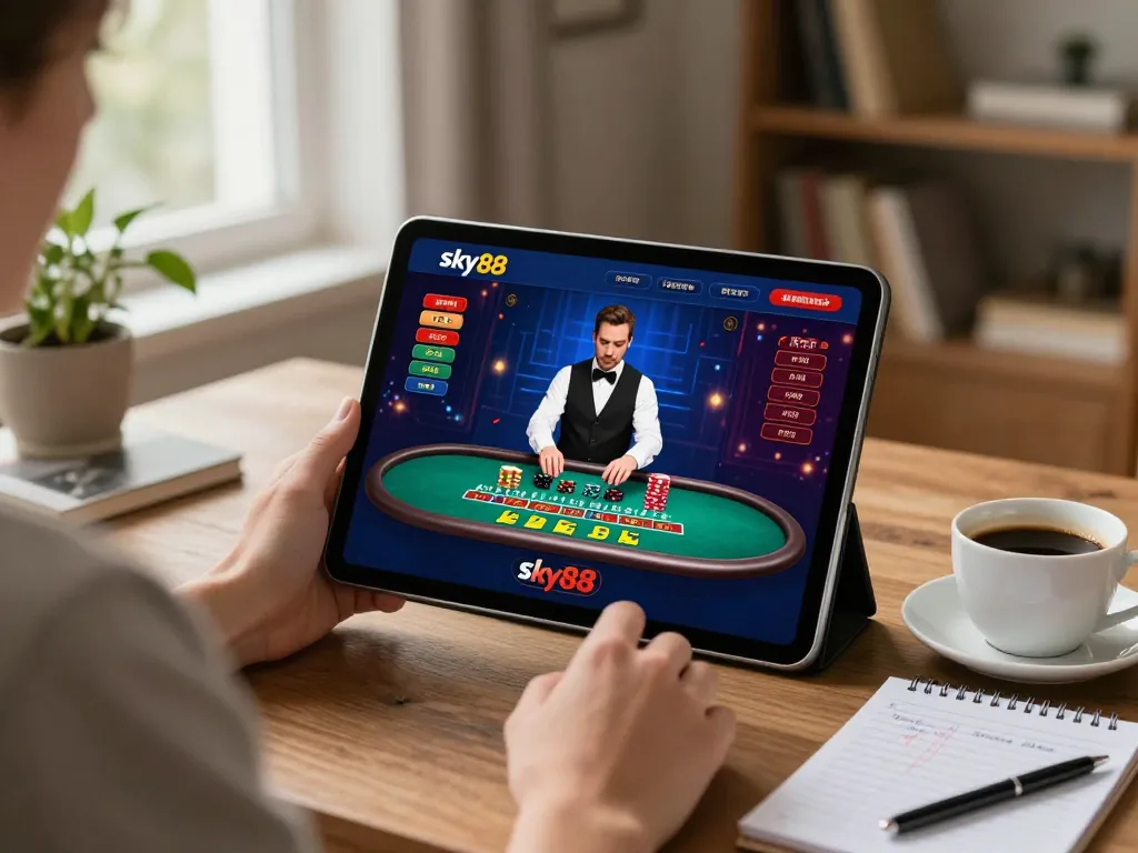 Enjoying live dealer games on Sky88 with strategic notes in a cozy home setting
