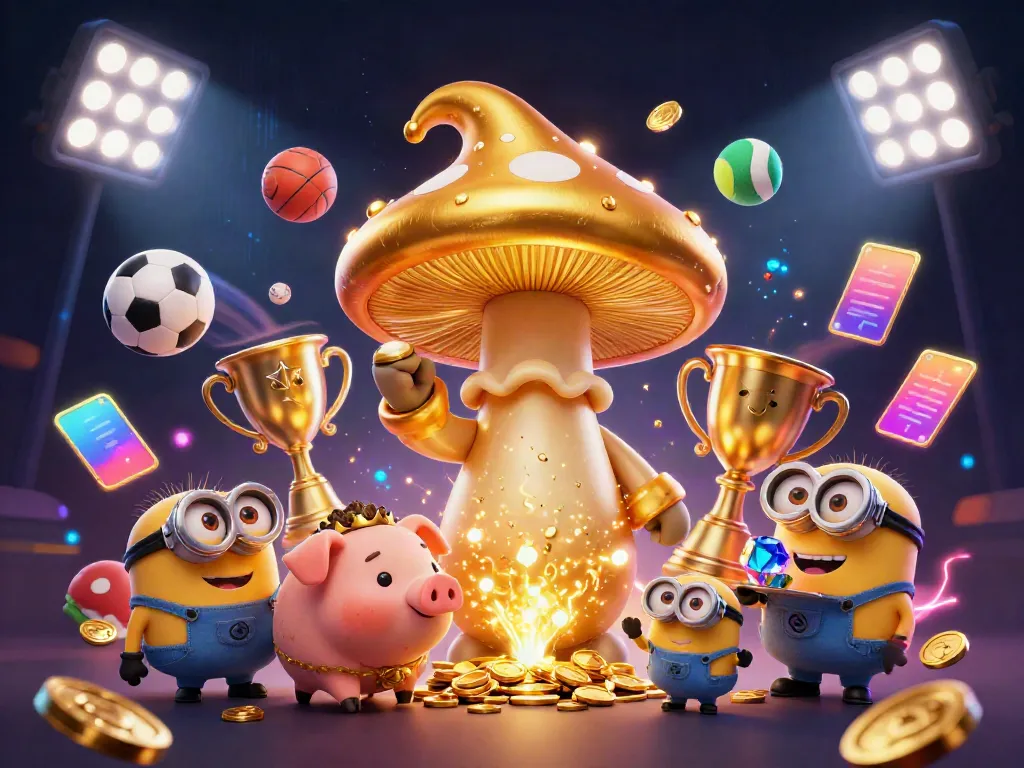 Experience winning magic at sunwin with a golden mushroom wizard and treasure-seeking truffle pig in a vibrant casino setting.