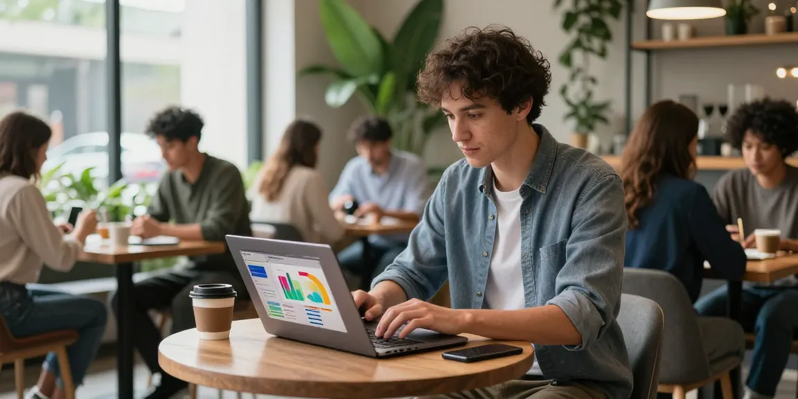 Professional scene of a tech entrepreneur at https://fau88.com/ focusing on analytics in a chic coffee shop, surrounded by collaboration.