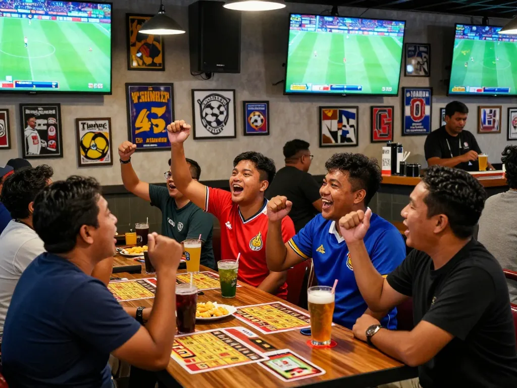 Fans engaging in Judi Bola betting at a lively sports bar with live football matches.