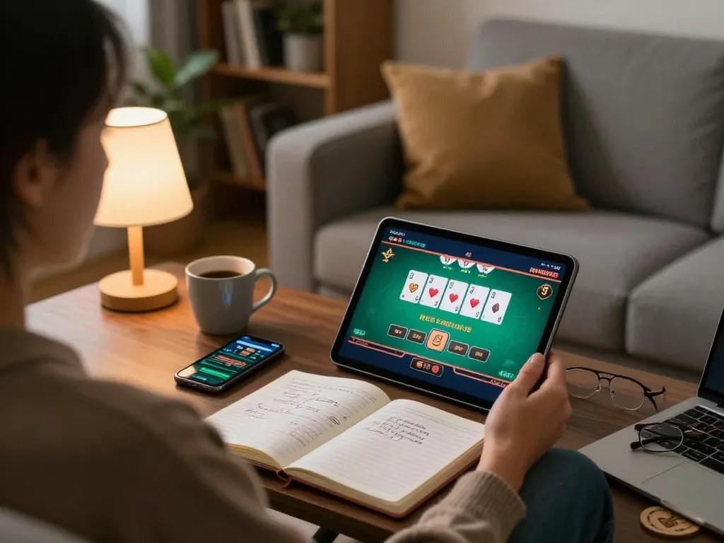 Engaging in ดูหนังออนไลน์ while gaming online with a tablet and notebook in a cozy setting