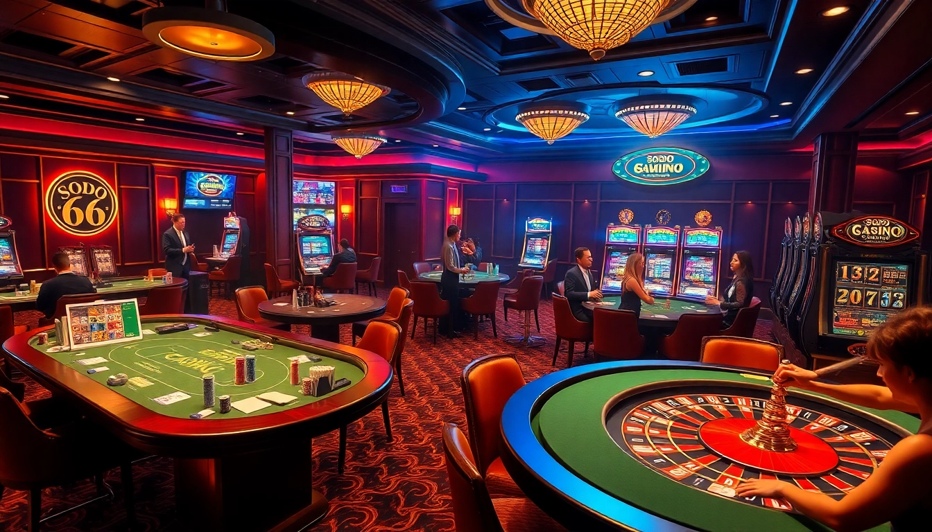 SODO CASINO 66 features high-stakes poker tables and vibrant slot machines, capturing the excitement of online gaming.