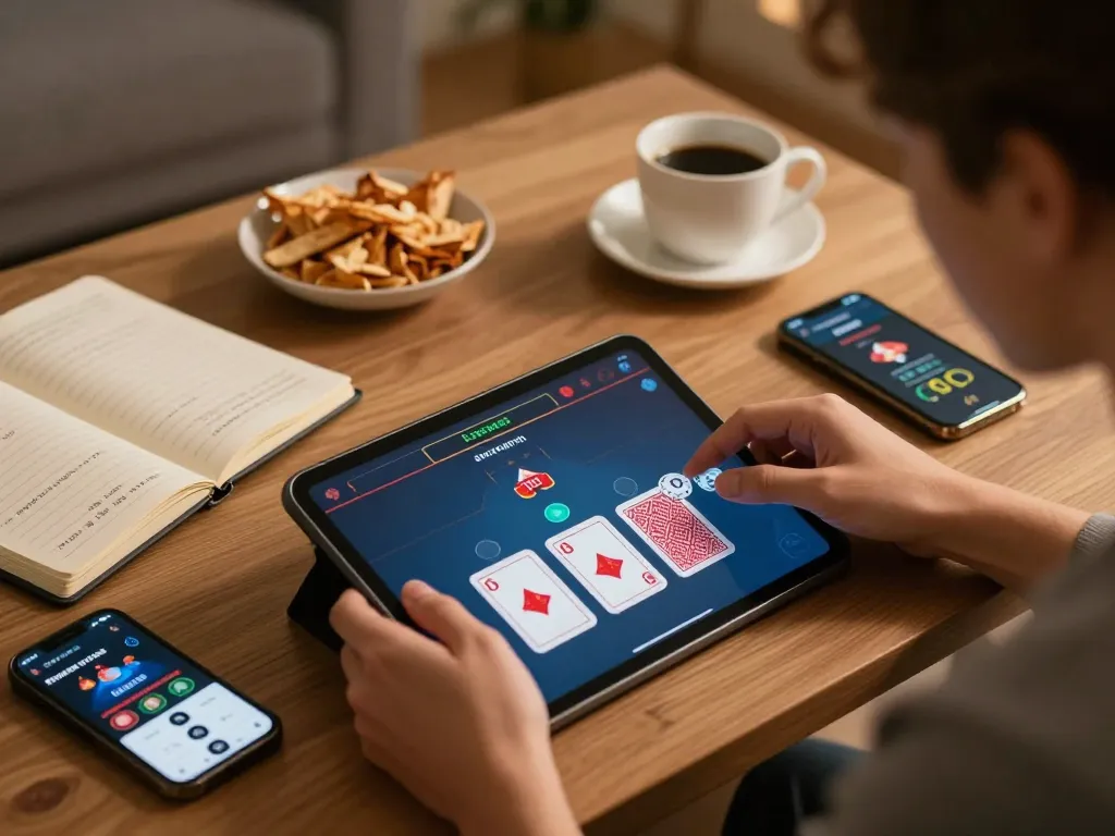 Engaging in open88 online poker strategy at home, focusing on betting analysis and responsible gaming.