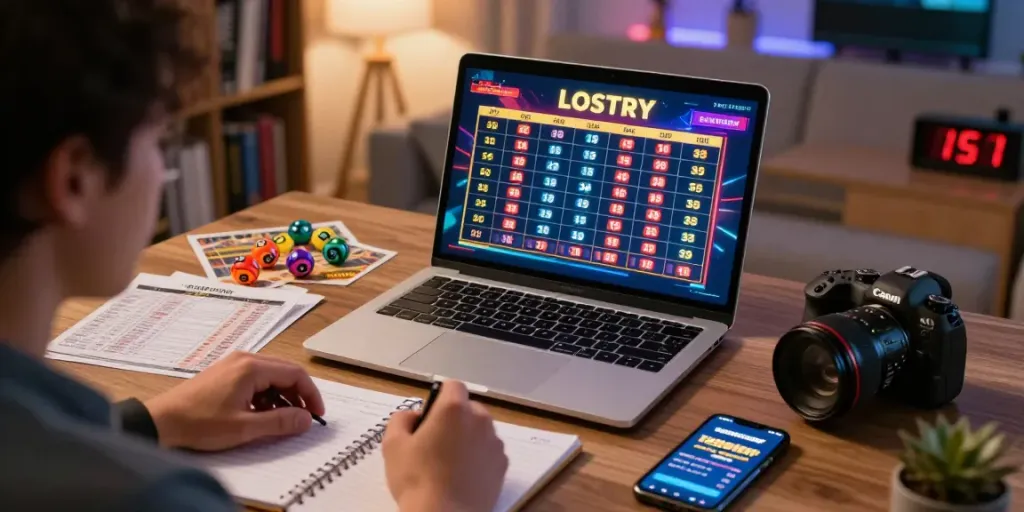 Player analyzing AMANAHTOTO lottery results on laptop in a cozy home setting.