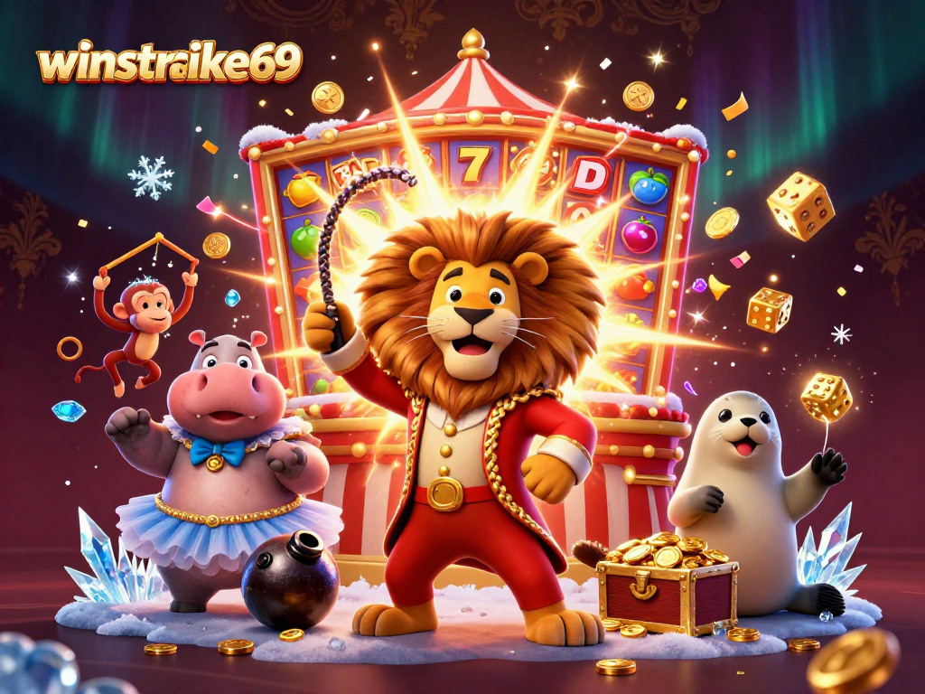 Experience the thrill of winstrike69 with a vibrant 3D circus-themed casino scene illustrating dynamic game elements.