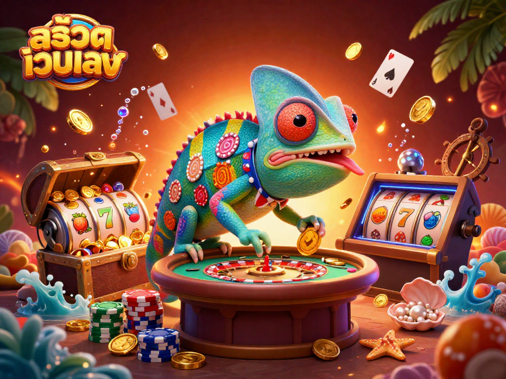 Play slots at สล็อตเว็บตรง featuring dynamic chameleon casino owner and vibrant game elements.