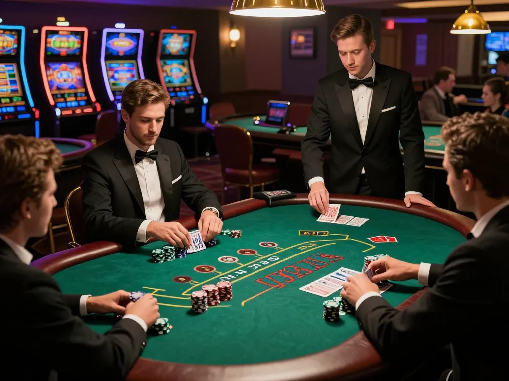Engaging players at a blackjack table in a luxurious casino showcasing kp88 strategies and chips