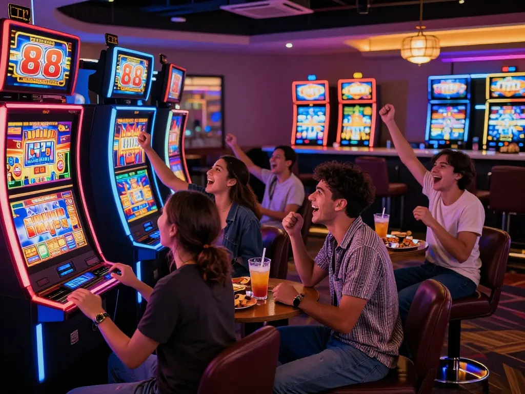Excited friends enjoying the vibrant atmosphere at a casino playing tv88 slot machines, showcasing thrilling entertainment.