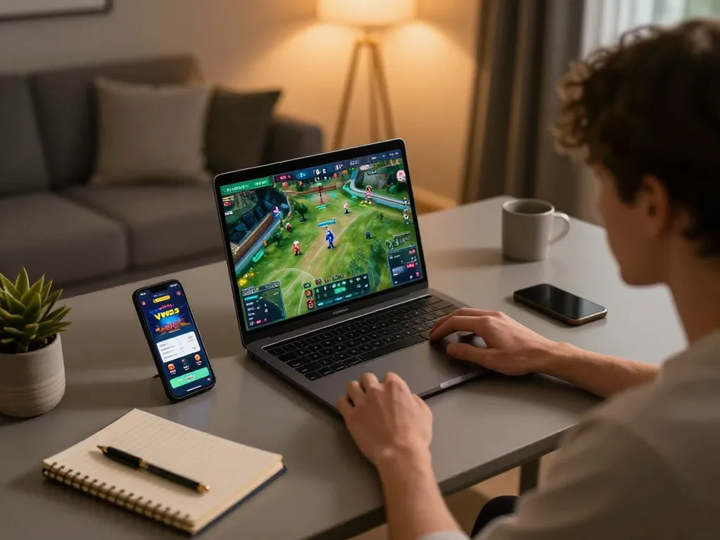 Engaged user betting on VN23 online casino app at modern home setup
