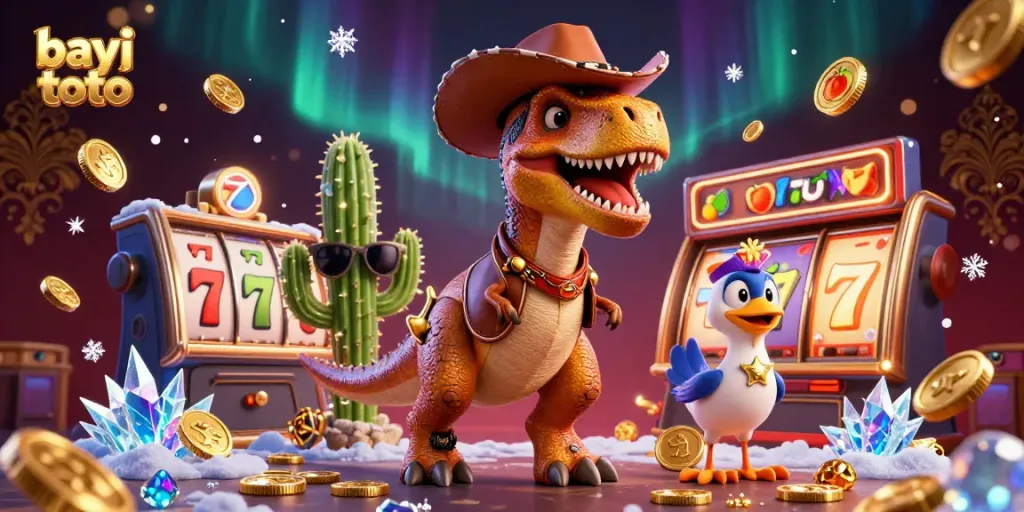 Ilustrasi 3D vivid dengan karakter bayi toto yang menampilkan permainan slot dan elemen kasino lainnya untuk menarik perhatian pemain.