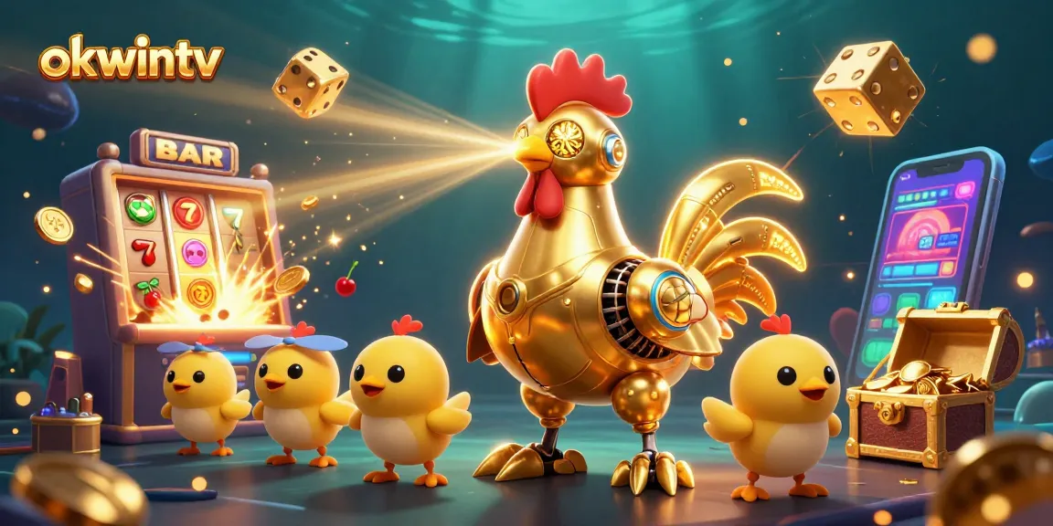Play and win with okwintv's vibrant 3D illustration of a golden rooster robot amidst casino excitement.