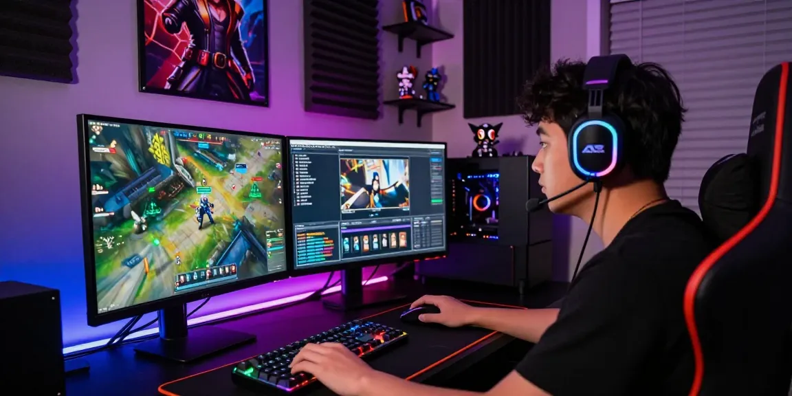 Gamer engaging with coloksgp link alternatif on dual monitors, showcasing dynamic gaming environment and modern peripherals.