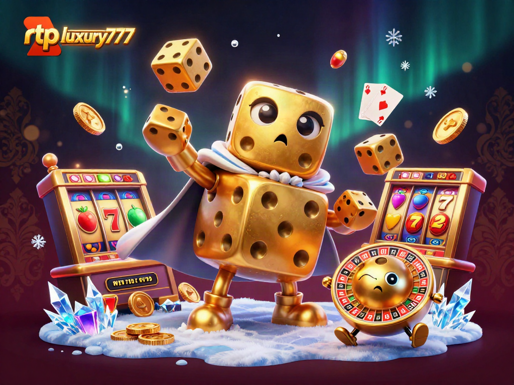 Menangkan rtp luxury777 dengan dadu emas dan simbol slot yang menarik dalam ilustrasi kasino.