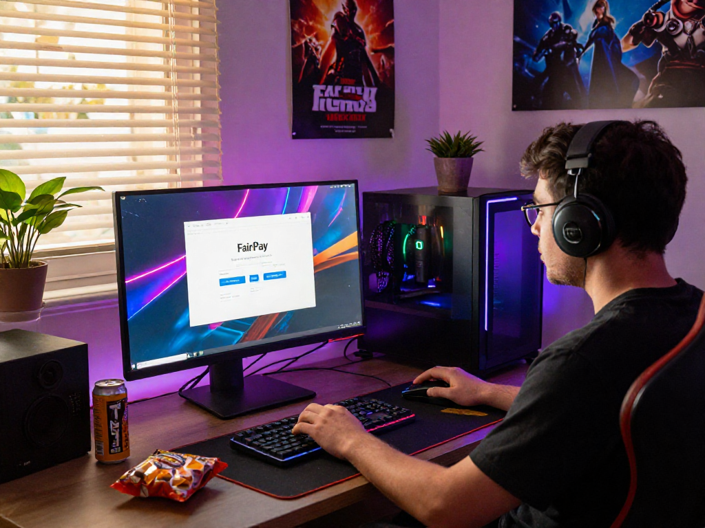Engaging FairPlay login scene with a gamer at a colorful setup surrounded by gaming gear.